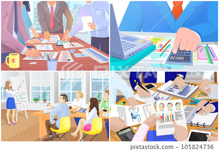 Employees analyze statistical indicators, business data. Characters work with marketing research Employees analyze statistical indicators, business data. Characters work with marketing research 105824736