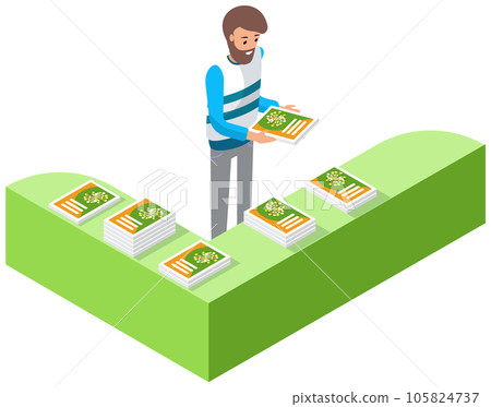 Man stands near advertising platform with books. Male character reading product catalog, magazine 105824737