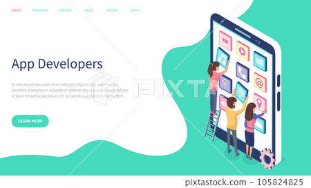 Website for app developers with new mobile program. People creating mockup of smartphone interface 105824825