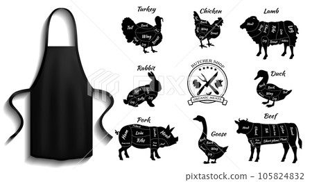 Protective garment for cooking near meat cutting icons. Apron next to culinary animal scheme 105824832