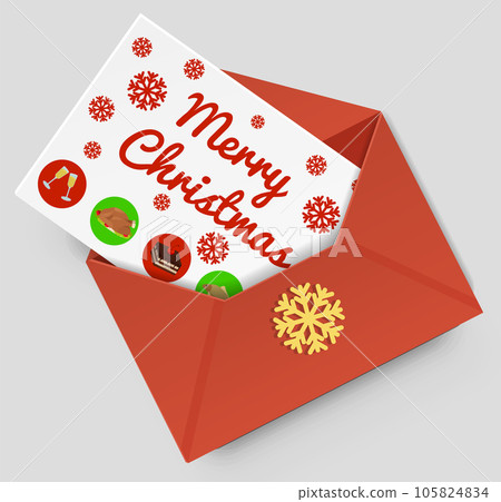 Merry Christmas postcard ornament decoration. Festive greeting card for holiday in envelope 105824834
