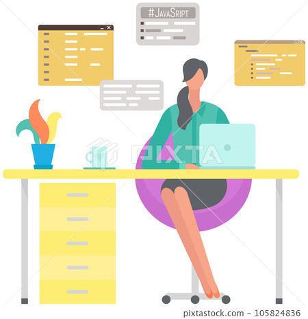 Professional programmer writing code for testing computer software. Woman working with laptop 105824836