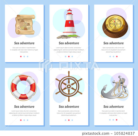 Exciting sea adventures and travel posters set. Marine cruise and sea travelling advertising placard 105824837