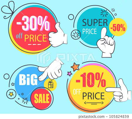 Big sale banner. Sale and discounts. Big discount with human hand pointing to advertising phrase 105824839