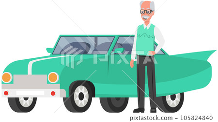 Senior bald man next to his personal transport. Elderly male character in glasses near retro car Senior bald man next to his personal transport. Elderly male character in glasses near retro car 105824840