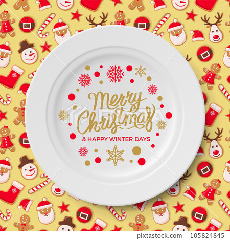 Merry Christmas ornament decoration on plate. Festive greeting dish with snowflakes template 105824845