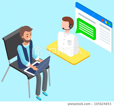 Businessman communicates with service company representative. Online chat with customer support Businessman communicates with service company representative. Online chat with customer support 105824853