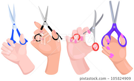 Various shapes scissors set in human hands. Tool made of blades and handles to cut materials Various shapes scissors set in human hands. Tool made of blades and handles to cut materials 105824909