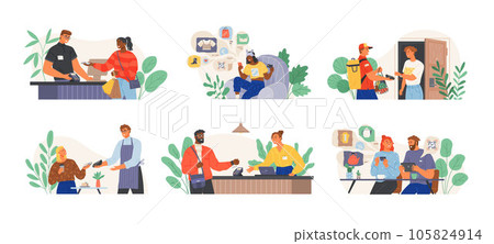 People pay for purchases with credit card. Contactless payment in store, ordering goods online 105824914