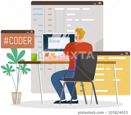 Programmer engineering and coding. Set of programmers working on web development on computers Programmer engineering and coding. Set of programmers working on web development on computers 105824915