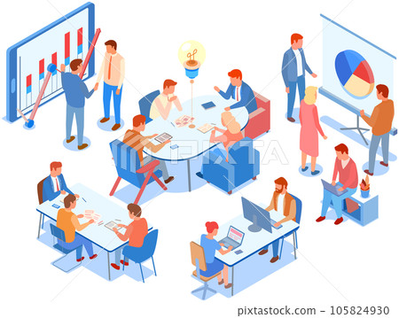 Employees analyze statistical indicators, business data. Characters work with marketing research 105824930