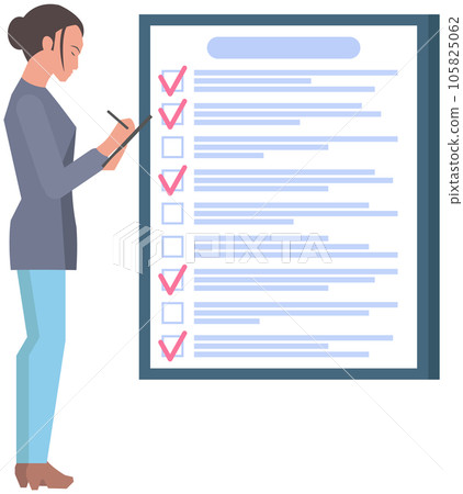 Woman stands near to do list and planning schedule. Plan fulfilled, task completed, timetable sheet 105825062