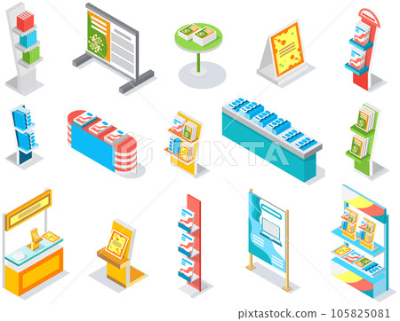 Trading equipment set, empty shelves for goods. Store furniture with free space for products display Trading equipment set, empty shelves for goods. Store furniture with free space for products display 105825081