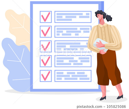 Woman stands near to do list and planning schedule. Plan fulfilled, task completed, timetable sheet Woman stands near to do list and planning schedule. Plan fulfilled, task completed, timetable sheet 105825086