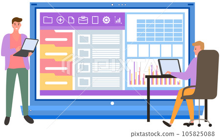 Employees analyze statistical indicators, business data. Characters work with marketing research 105825088
