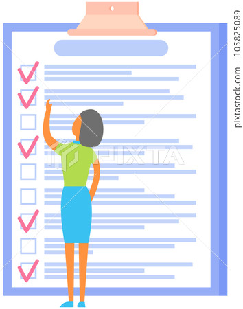 Woman stands near to do list and planning schedule. Plan fulfilled, task completed, timetable sheet Woman stands near to do list and planning schedule. Plan fulfilled, task completed, timetable sheet 105825089