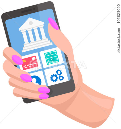 Smartphone with app for contactless transactions, transfer of funds, online payment in woman hand 105825090