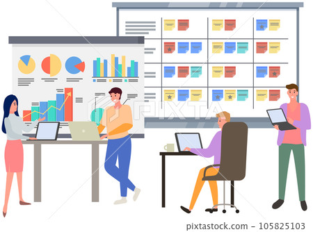 Employees analyze statistical indicators, business data. Characters work with marketing research 105825103