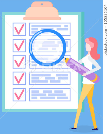 Woman stands near to do list and planning schedule. Plan fulfilled, task completed, timetable sheet 105825104
