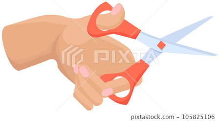 Iron scissors in human hand. Tool made of blades and plastic handle isolated on white background Iron scissors in human hand. Tool made of blades and plastic handle isolated on white background 105825106