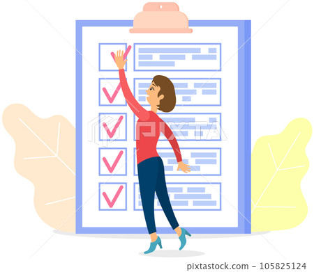 Woman stands near to do list and planning schedule. Plan fulfilled, task completed, timetable sheet Woman stands near to do list and planning schedule. Plan fulfilled, task completed, timetable sheet 105825124