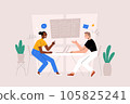 Business partners talking to each other, discussing in office, man, woman business meeting, colleagues, negotiation, office scene, flat vector illustration  105825241