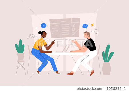 Business partners talking to each other, discussing in office, man, woman business meeting, colleagues, negotiation, office scene, flat vector illustration Business partners talking to each other, discussing in office, man, woman business meeting, colleagues, negotiation, office scene, flat vector illustration 105825241