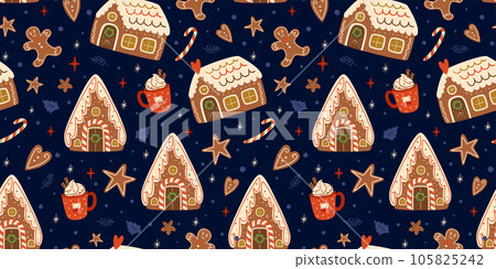 Christmas gingerbread houses seamless patterns on dark blue repeat background. Cute gingerbread cookies. Vector winter print Christmas gingerbread houses seamless patterns on dark blue repeat background. Cute gingerbread cookies. Vector winter print 105825242