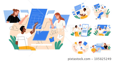 People taking, sharing notes, user experience concept, managing projects, using laptops, phone app interface. Creating tables, kanban boards, checklists 105825249