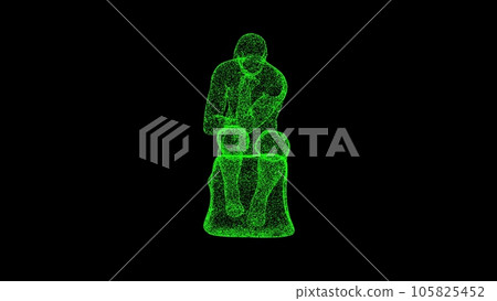 3D statue of a thinker on black bg. Object dissolved green flickering particles. Business advertising backdrop. Science concept. For title, text, presentation. 3D animation 3D statue of a thinker on black bg. Object dissolved green flickering particles. Business advertising backdrop. Science concept. For title, text, presentation. 3D animation 105825452