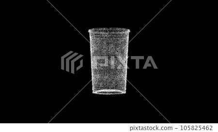 3D paper cup on black bg. Object dissolved white flickering particles. Business advertising backdrop. Science concept. For title, text, presentation. 3D animation 105825462