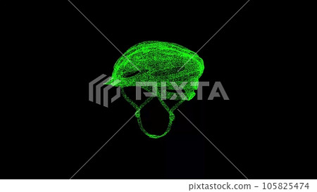 3D bicycle helmet on black bg. Object dissolved green flickering particles. Business advertising backdrop. Science concept. For title, text, presentation. 3D animation. 105825474