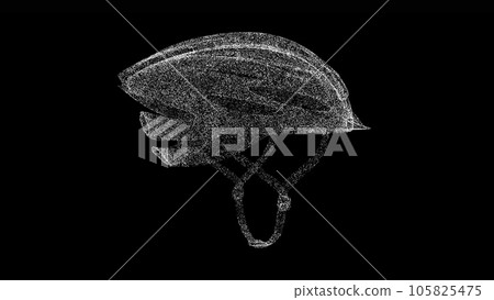 3D bicycle helmet on black bg. Object dissolved white flickering particles. Business advertising backdrop. Science concept. For title, text, presentation. 3D animation 105825475
