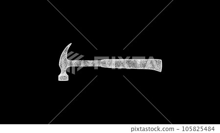 3D hammer on black bg. Object dissolved white flickering particles. Business advertising backdrop. Science concept. For title, text, presentation. 3D animation 105825484