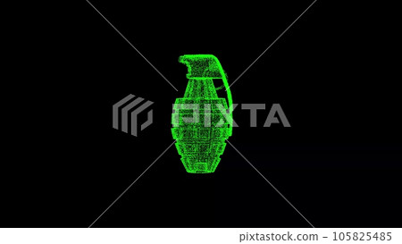 3D hand grenade on black bg. Object dissolved green flickering particles. Business advertising backdrop. Science concept. For title, text, presentation. 3D animation 105825485
