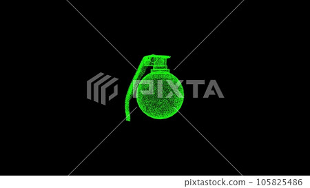 3D hand grenade on black bg. Object dissolved green flickering particles. Business advertising backdrop. Science concept. For title, text, presentation. 3D animation 3D hand grenade on black bg. Object dissolved green flickering particles. Business advertising backdrop. Science concept. For title, text, presentation. 3D animation 105825486