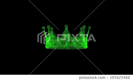 3D Royal Crown on black bg. Object dissolved green flickering particles. Business advertising backdrop. Science concept. For title, text, presentation. 3D animation. 3D Royal Crown on black bg. Object dissolved green flickering particles. Business advertising backdrop. Science concept. For title, text, presentation. 3D animation. 105825488