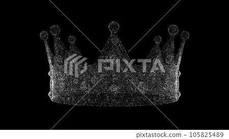 3D Royal Crown on black bg. Object dissolved white flickering particles. Business advertising backdrop. Science concept. For title, text, presentation. 3D animation 3D Royal Crown on black bg. Object dissolved white flickering particles. Business advertising backdrop. Science concept. For title, text, presentation. 3D animation 105825489