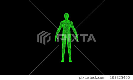 3D human body man on black bg. Object dissolved green flickering particles. Business advertising backdrop. Science concept. For title, text, presentation. 3D animation 3D human body man on black bg. Object dissolved green flickering particles. Business advertising backdrop. Science concept. For title, text, presentation. 3D animation 105825490