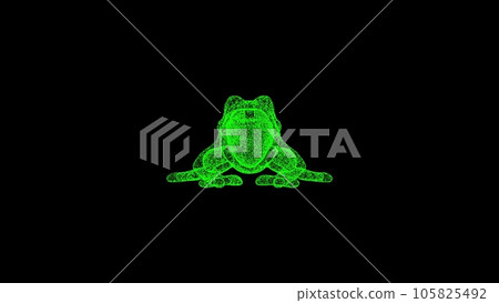 3D frog on black bg. Object dissolved green flickering particles. Business advertising backdrop. Science concept. For title, text, presentation. 3D animation 3D frog on black bg. Object dissolved green flickering particles. Business advertising backdrop. Science concept. For title, text, presentation. 3D animation 105825492