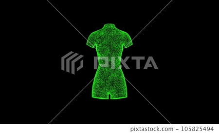 3D Women's torso on black bg. Object dissolved green flickering particles. Business advertising backdrop. Science concept. For title, text, presentation. 3D animation 105825494