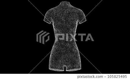 3D Women's torso on black bg. Object dissolved white flickering particles. Business advertising backdrop. Science concept. For title, text, presentation. 3D animation 105825495