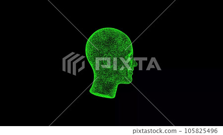 3D Human head on black bg. Object dissolved green flickering particles. Business advertising backdrop. Science concept. For title, text, presentation. 3D animation. 105825496