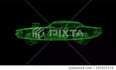 3D sports car on black bg. Object dissolved green flickering particles. Business advertising backdrop. Science concept. For title, text, presentation. 3D animation. 3D sports car on black bg. Object dissolved green flickering particles. Business advertising backdrop. Science concept. For title, text, presentation. 3D animation. 105825519