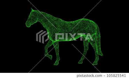 3D horse on black bg. Object dissolved green flickering particles. Business advertising backdrop. Science concept. For title, text, presentation. 3D animation. 105825541