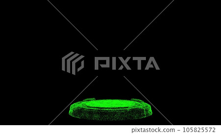 3D demonstration podium on black bg. Object dissolved green flickering particles. Business backdrop. Science concept. Abstract bg title, presentation. Holo screensaver. 3D animation 105825572