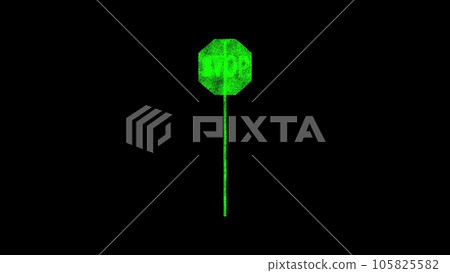 3D road sign stop on black bg. Object dissolved green flickering particles. Business backdrop. Science concept. Abstract bg title, presentation. Holographic screensaver. 3D animation 3D road sign stop on black bg. Object dissolved green flickering particles. Business backdrop. Science concept. Abstract bg title, presentation. Holographic screensaver. 3D animation 105825582