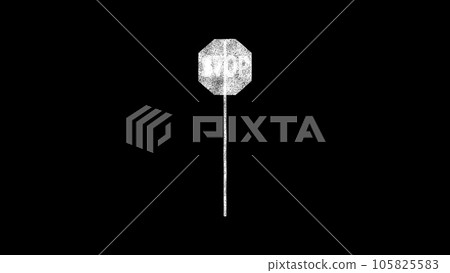 3D road sign stop on black bg. Object dissolved white flickering particles. Business backdrop. Science concept. Abstract bg title, presentation. Holographic screensaver. 3D animation 105825583
