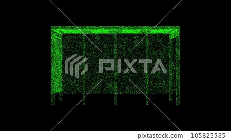 3D bus stop on black bg. Object dissolved green flickering particles. Business backdrop. Science concept. Abstract bg title, presentation. Holographic screensaver. 3D animation 105825585