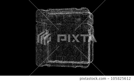 3D futuristic box on black bg. Object dissolved white flickering particles. Business backdrop. Science concept. Abstract bg title, presentation. Holographic screensaver. 3D animation 3D futuristic box on black bg. Object dissolved white flickering particles. Business backdrop. Science concept. Abstract bg title, presentation. Holographic screensaver. 3D animation 105825612